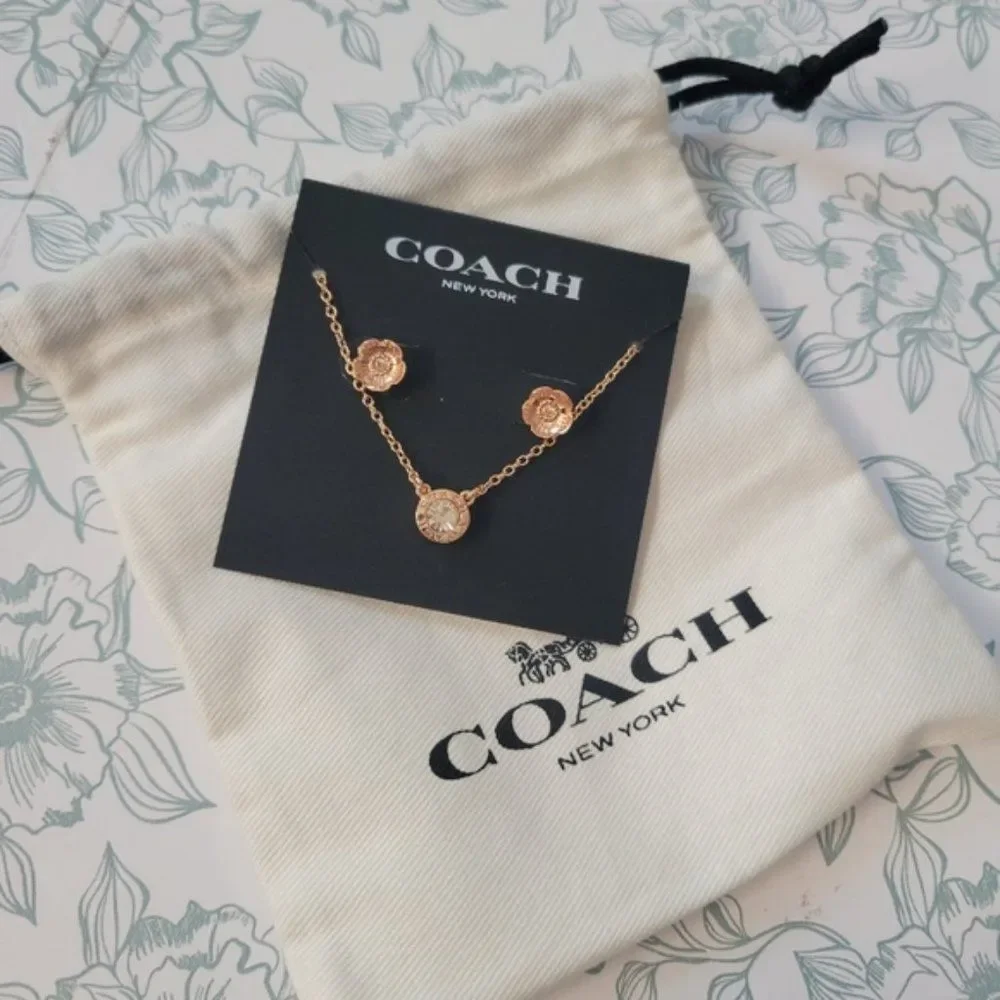 NWT Coach Circle Necklace and Tea Rose Earring Set